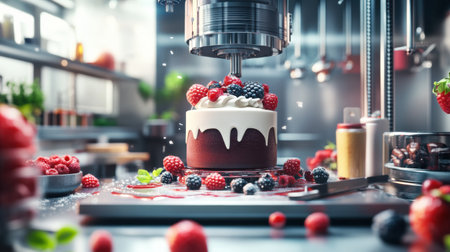 A 3D food printer builds a vibrant dessert layer by layer using fresh chocolate, berries, and cream in a modern metallic kitchen environment.の素材