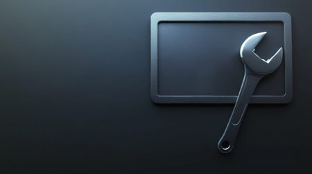 Simple monitor icon features a wrench and nut overlay symbolizing computer repair services, providing a space for text at the top.の素材