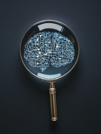 A magnifying glass reveals a digital brain network, symbolizing the need for transparency and oversight in artificial intelligence technology.の素材
