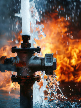 Water blasts from a hydrant as flames rage nearby, showing the essential role of firefighting tools in emergencies.の素材