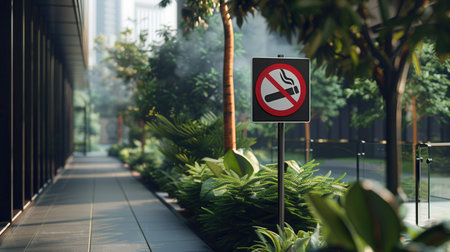 Bright no smoking sign stands prominently in a landscaped office park, encouraging visitors to refrain from smoking and enjoy the fresh air.の素材