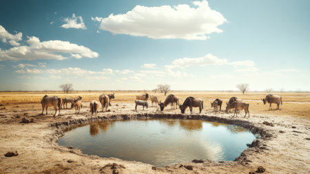 Thirsty animals crowd around a cracked waterhole, displaying desperation in a sunbaked landscape dotted with wilded trees.の素材