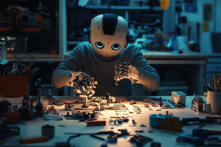 A robotics engineer is focused on assembling a complex robot, surrounded by various components in a dimly lit workshop, showcasing intricate work.の素材