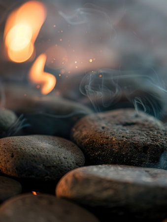 Close up view of hot stones emanating warmth and light steam, capturing the essence of a soothing sauna environment.の素材