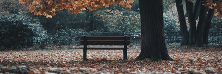 A bench sits quietly under a tree in a park, covered by colorful leaves, creating a peaceful autumn atmosphere inviting reflection.の素材