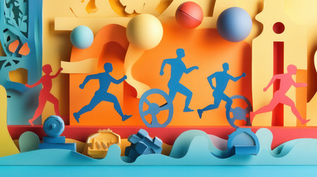 Colorful paper cutout illustration showcases energetic figures in motion amid gym equipment, embodying an active lifestyle filled with movement.の素材
