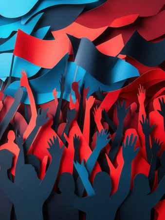 Cut out silhouettes of a crowd with raised hands and flags create a striking visual representation of activism and unity.の素材