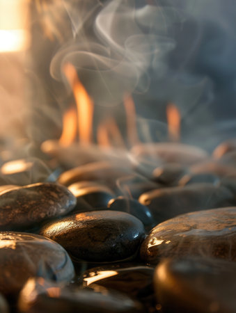 Close up view of stove stones with glowing hot stones and light steam, capturing the inviting warmth of a traditional sauna environment.の素材