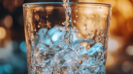 Clear water flows into a glass, creating a soothing visual as bubbles rise against a softly lit background.の素材