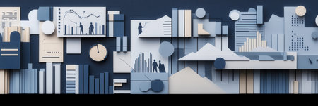 Layered cut out designs feature charts, graphs, and silhouettes, embodying political analysis in a structured, professional way.の素材