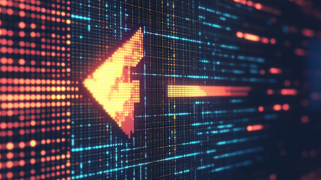 A detailed illustration features a simple cursor icon on a vibrant background of pixelated lines and grids that convey digital technology.の素材