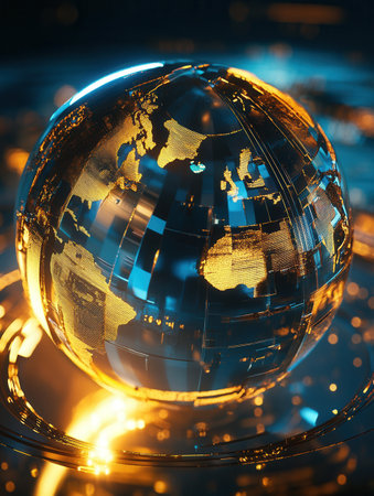 A detailed 3D rendered globe showcases illuminated layers and highlights, representing international diplomacy and modern connections.の素材