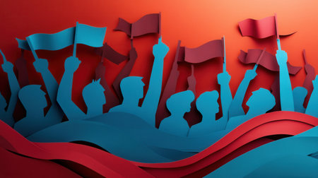 Layered cut out silhouettes create a visual message of unity and activism, using vibrant colors and dynamic shapes for impact.の素材