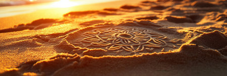 Creative symbols are formed in sand, glistening in warm light as waves gently lap at the shore, showing natural artistry at sunset.の素材