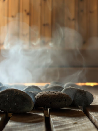 The soothing aroma and warmth envelop the space as steam rises from heated stones, inviting deep relaxation in a serene sauna environment.の素材