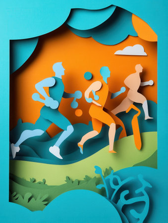 Energetic figures are depicted running with gym equipment in a colorful paper cutout style, celebrating movement and fitness in an active environment.の素材