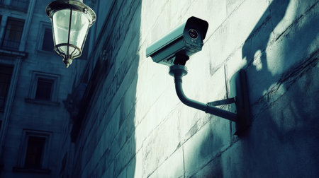 Modern surveillance cameras monitor a shadowy alleyway, revealing a blend of shadows and light that evokes a sense of security.の素材