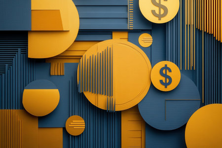 Layered geometric shapes form an abstract composition representing financial growth with golden and deep blue textures, ideal for text placement.の素材