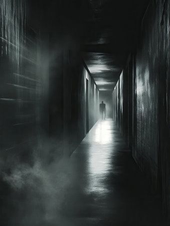 A dimly lit corridor filled with shadowy figures, eerie fog, and flickering light evokes an unsettling and suspenseful feeling.の素材