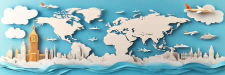 Intricate paper art displays a world map layered with famous landmarks, planes, ships, and clouds, inviting a sense of wanderlust and adventure.の素材