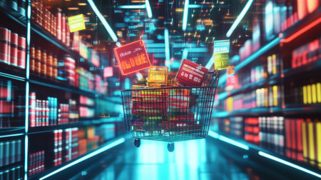 Brightly lit supermarket aisles display a shopping basket filled with products, showcasing vibrant packaging and clear copy space.の素材