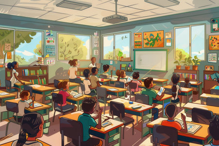 Students actively participate in learning through reading, writing, and raising hands in a bright and colorful classroom setting.の素材