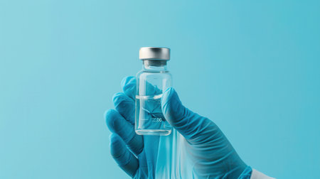 Gloved hands are presenting a vial filled with clear liquid, illuminated by a blue backdrop, indicating a sterile and controlled environment.の素材