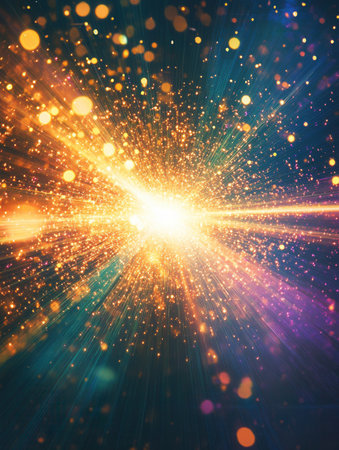 Bright beams of light penetrate the darkness, creating a dynamic interplay of vibrant colors and sparks that inspire hope and creativity.の素材