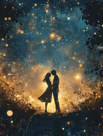 A couple shares a tender moment under a star filled sky surrounded by a warm and romantic glow that creates an enchanting atmosphere.の素材