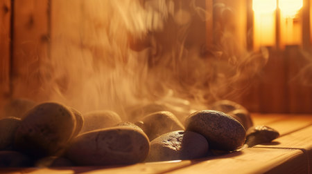 Embracing tranquility, the warm steam rises from heated stones, filling the sauna with a soothing ambiance that invites deep relaxation.の素材