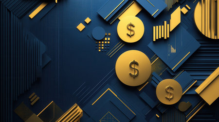 This artwork features layered geometric shapes in gold and deep blue textures, representing financial growth and abstract currency symbols.の素材