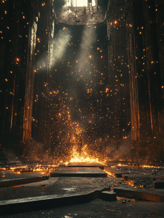 Molten metal is poured into casting molds with flames and sparks flying in an industrial hall, creating an intense and powerful atmosphere.の素材