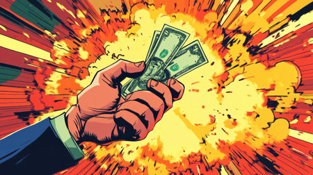 A hand grasps several banknotes while vibrant colors and explosive patterns create a dynamic and intense atmosphere, evoking emotion.の素材