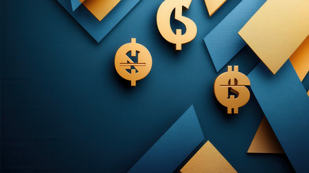 Layered geometric shapes in gold and blue showcase financial themes, creating a clear space for text while symbolizing growth and success.の素材