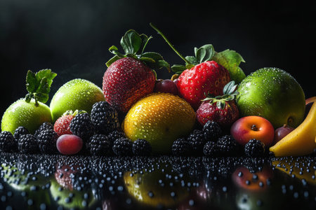 Assortment of vibrant fruits including strawberries, blackberries, grapes, and green apples displayed on a shiny surface with water droplets.の素材