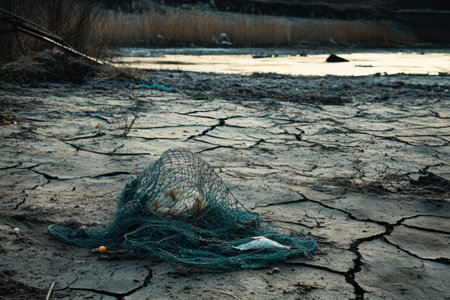 Desolate lakebed shows cracked clay and remnants of fishing nets, revealing the impact of drought on the ecosystem and local wildlife.の素材