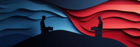 Bold paper art backdrop showcases silhouettes of figures at podiums engaged in a political debate, enhanced by rich colors and shadows.の素材