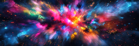 Bright neon colors burst and swirl around, creating an abstract background filled with dynamic light and a sense of surprise.の素材