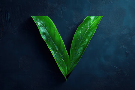 V shaped leaves represent a commitment to vegetarianism and a healthy lifestyle, showing the connection between nature and food choices.の素材