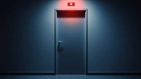 A partially open door emits a red alarm light in a dimly lit hallway, creating a sense of urgency and security for nearby individuals.の素材
