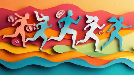 Vibrant illustration showcases running figures and gym gear, capturing an atmosphere of energy and motion in a sporty design setting.の素材