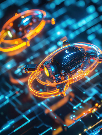 Mini drones with smart attachments style hair against a backdrop of neon lines and circuit designs, creating a cyber aesthetic.の素材