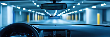 The view from a car windshield shows sophisticated security features in an underground garage lit with blue tones, emphasizing safety.の素材
