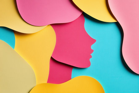 Colorful paper cut silhouettes arranged creatively create an eye catching retro background inspired by vintage political posters.の素材