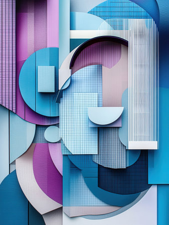 Layered paper cut outs blend with a digital grid, showing a futuristic aesthetic in cool tones, capturing the essence of cyber politics.の素材