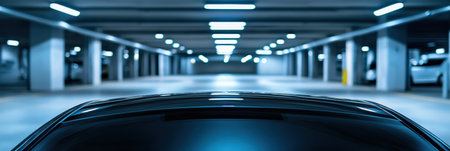 A car windshield shows a security sticker with a blue gray underground parking garage in the background.の素材