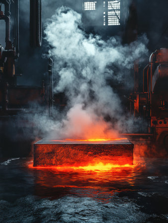 Red hot metal billets plunge into water, generating steam clouds in an active workshop filled with tools and equipment, showcasing intense tempering.の素材