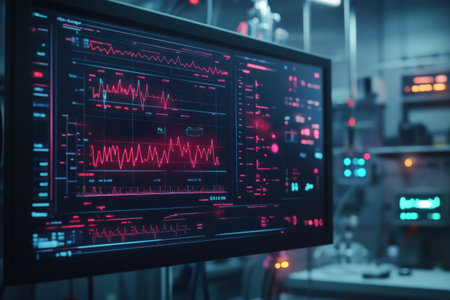 Health data is showcased on a monitor featuring graphs, blood markers, and pulse readings, emphasizing advanced medical technology in care.の素材