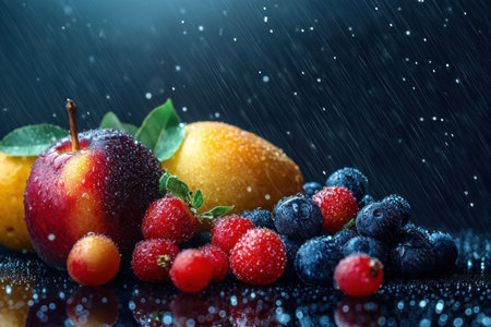 Juicy apples, strawberries, blueberries, and a mango are arranged beautifully while water droplets fall, creating a refreshing atmosphere.の素材