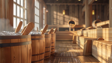 Wooden tubs filled with water await use in a tranquil sauna, highlighting traditional rituals centered around relaxation and wellness.の素材
